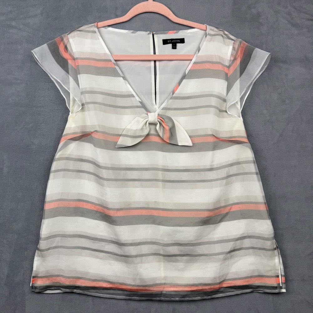 ST JOHN Striped Silk Blend V Neck Tie Front‎ Sheer Blouse Top Women's L